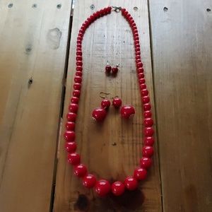 Red beaded necklace and earrings